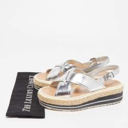 Prada Silver Leather Platform Slingback Sandals Size 36.5