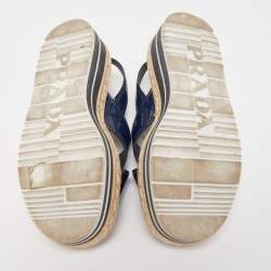 Pre Owned Prada Navy Blue Patent Leather Platform Slingback Sandals Size 36.5