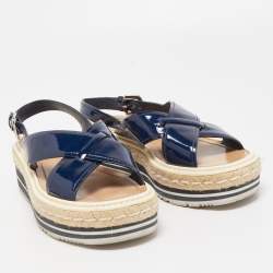 Pre Owned Prada Navy Blue Patent Leather Platform Slingback Sandals Size 36.5