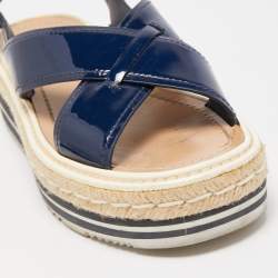 Pre Owned Prada Navy Blue Patent Leather Platform Slingback Sandals Size 36.5