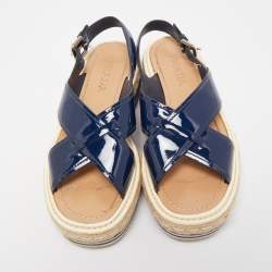 Pre Owned Prada Navy Blue Patent Leather Platform Slingback Sandals Size 36.5