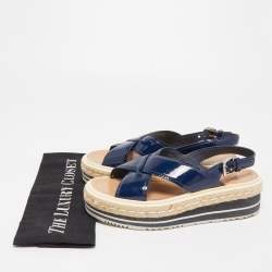 Pre Owned Prada Navy Blue Patent Leather Platform Slingback Sandals Size 36.5