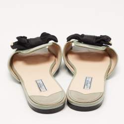 Prada Green Patent Leather and Canvas Bow Flat Slides Size 41