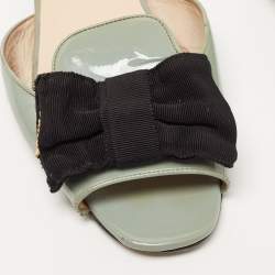 Prada Green Patent Leather and Canvas Bow Flat Slides Size 41