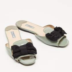 Prada Green Patent Leather and Canvas Bow Flat Slides Size 41