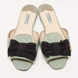Prada Green Patent Leather and Canvas Bow Flat Slides Size 41