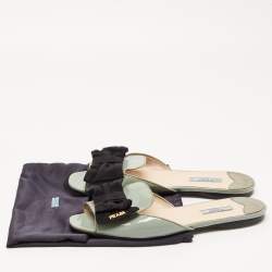 Prada Green Patent Leather and Canvas Bow Flat Slides Size 41