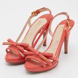 Prada Orange Patent Leather Bow Open Toe Slingback Sandals Size 37.5