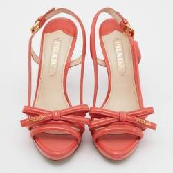 Prada Orange Patent Leather Bow Open Toe Slingback Sandals Size 37.5