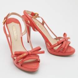 Prada Orange Patent Leather Bow Open Toe Slingback Sandals Size 37.5