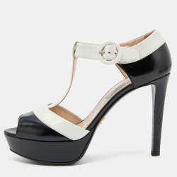 Prada Black/White Leather Open Toe T-Strap Platform Sandals Size 38