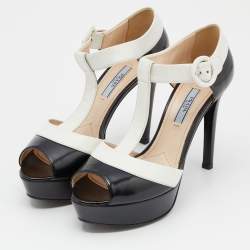 Prada Black/White Leather Open Toe T-Strap Platform Sandals Size 38