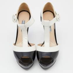 Prada Black/White Leather Open Toe T-Strap Platform Sandals Size 38