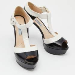 Prada Black/White Leather Open Toe T-Strap Platform Sandals Size 38