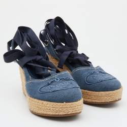 Prada Navy Blue Denim Espadrille Wedge Ankle Tie Pumps Size 36.5