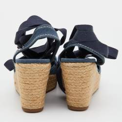 Prada Navy Blue Denim Espadrille Wedge Ankle Tie Pumps Size 36.5