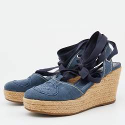 Prada Navy Blue Denim Espadrille Wedge Ankle Tie Pumps Size 36.5