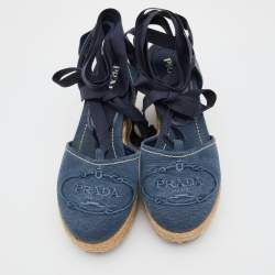 Pre Owned Prada Navy Blue Denim Espadrille Wedge Ankle Tie Pumps Size 36.5