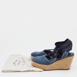 Pre Owned Prada Navy Blue Denim Espadrille Wedge Ankle Tie Pumps Size 36.5