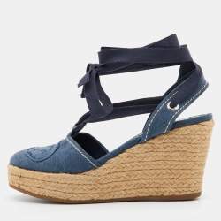 Prada Navy Blue Denim Espadrille Wedge Ankle Tie Pumps Size 36.5