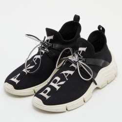 Pre Owned Prada Black Knit Fabric XY Logo Low Top Sneakers Size 35