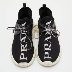 Pre Owned Prada Black Knit Fabric XY Logo Low Top Sneakers Size 35