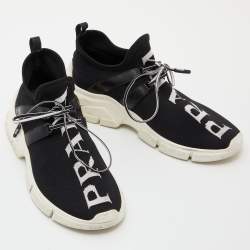 Pre Owned Prada Black Knit Fabric XY Logo Low Top Sneakers Size 35