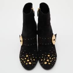 Prada Black Suede Studded Metallic Block Heel Ankle Boots Size 40