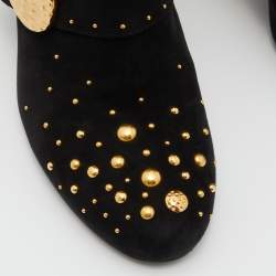 Prada Black Suede Studded Metallic Block Heel Ankle Boots Size 40