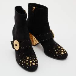 Prada Black Suede Studded Metallic Block Heel Ankle Boots Size 40