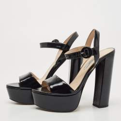Pre Owned Prada Black Patent Leather Platform Ankle Strap Block Heel Sandals Size 38