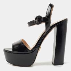 Pre Owned Prada Black Patent Leather Platform Ankle Strap Block Heel Sandals Size 38