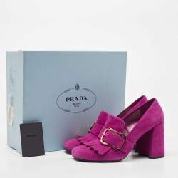 Prada Pink Suede Fringe Buckle Details Block Heel Pumps Size 38.5