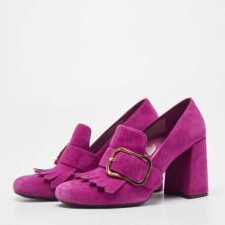 Prada Pink Suede Fringe Buckle Details Block Heel Pumps Size 38.5