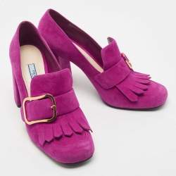 Prada Pink Suede Fringe Buckle Details Block Heel Pumps Size 38.5