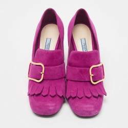 Prada Pink Suede Fringe Buckle Details Block Heel Pumps Size 38.5
