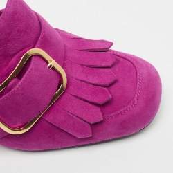 Prada Pink Suede Fringe Buckle Details Block Heel Pumps Size 38.5