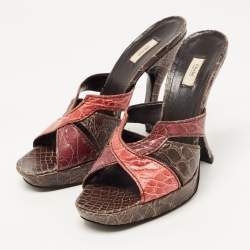 Prada Tricolor Croc Embossed Leather Platform Slide Sandals Size 39