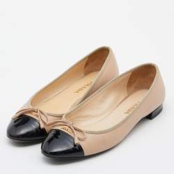 Prada Beige/Black Patent and Leather Cap Toe Bow Ballet Flats Size 39