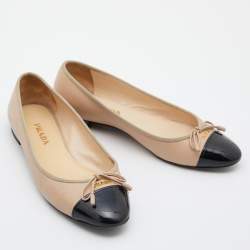 Prada Beige/Black Patent and Leather Cap Toe Bow Ballet Flats Size 39