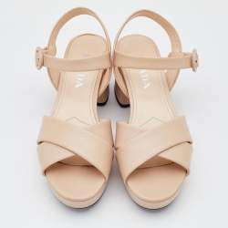 Prada Beige Patent Leather Criss Cross Ankle Strap Block Heel Platform Sandals Size 37.5