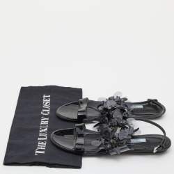 Prada Black Patent Leather and PVC Crystal/Beads Embellished Flat Sandals Size 38