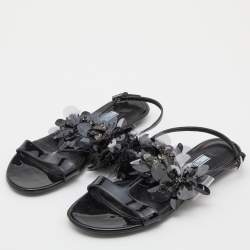 Prada Black Patent Leather and PVC Crystal/Beads Embellished Flat Sandals Size 38