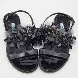 Prada Black Patent Leather and PVC Crystal/Beads Embellished Flat Sandals Size 38