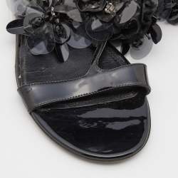 Prada Black Patent Leather and PVC Crystal/Beads Embellished Flat Sandals Size 38