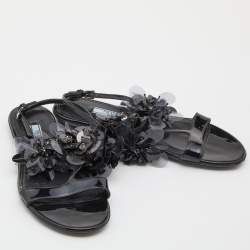 Prada Black Patent Leather and PVC Crystal/Beads Embellished Flat Sandals Size 38