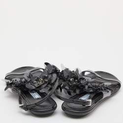 Prada Black Patent Leather and PVC Crystal/Beads Embellished Flat Sandals Size 38