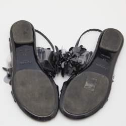 Prada Black Patent Leather and PVC Crystal/Beads Embellished Flat Sandals Size 38