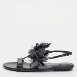 Prada Black Patent Leather and PVC Crystal/Beads Embellished Flat Sandals Size 38
