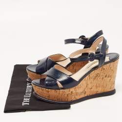 Prada Navy Blue Saffiano Leather Cork Wedge Platform Ankle Strap Sandals Size 40.5